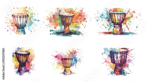 Djembe drum with splash paint watercolor effect, vibrant African percussion instrument illustration with colorful artistic splatter isolated on white background, expressive music and festival concept 