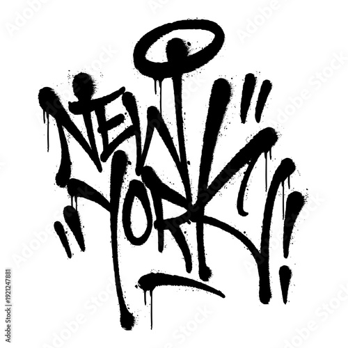 New York City Graffiti Tag Spray Paint. Bold White Typography with Gritty Texture and Paint Drips for Urban Graphic Design.