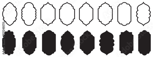Arabic label frames. Modern islamic mosque dome and lanterns, monochrome blank arch stickers, traditional ornamental minimalist windows and simple border emblems. 