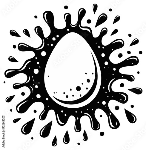Abstract Ink Splatter Egg Silhouette Bursting with Drops and Dots