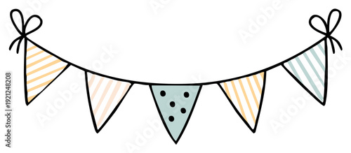 Hand drawn string of pennant flags with pastel stripes and dots