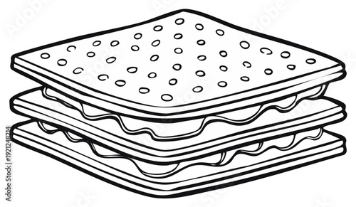 Line art illustration of a layered cracker sandwich with creamy filling and perforated crackers