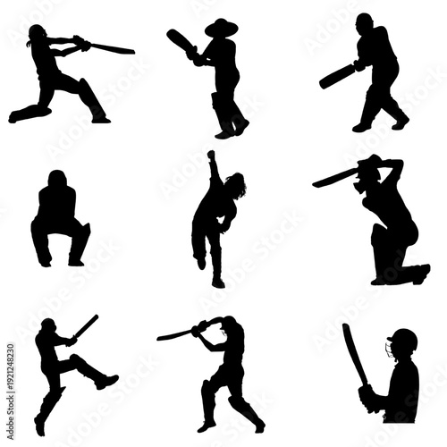 Cricket Player Silhouettes in Action Poses.