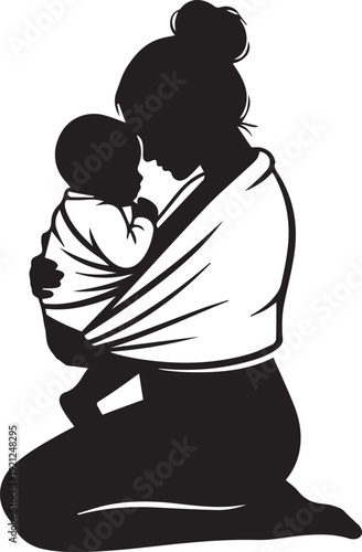 Silhouette of a mother holding her baby in a carrier