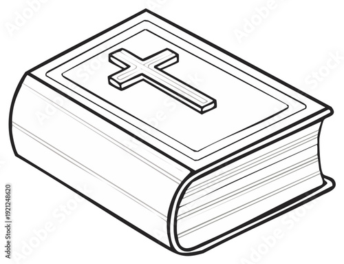 Isometric illustration of a closed book with a cross symbol on the cover, isolated