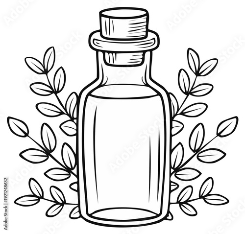 Clear glass bottle with cork stopper and herbal sprigs for natural remedies or essential oils