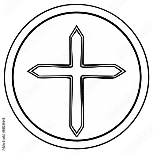 Simple outline of a Christian cross within a circle on a white background