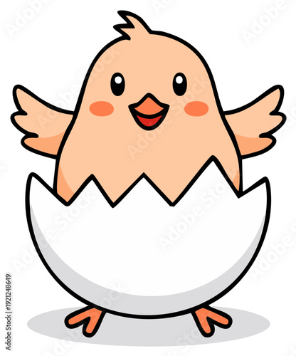 Cute cartoon chick hatches from white eggshell with wings spread wide and rosy cheeks