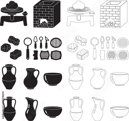 Traditional pottery making tools and equipment silhouettes