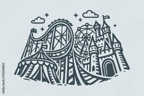 Retro Amusement Park Roller Coaster Ferris Wheel Castle Fun
