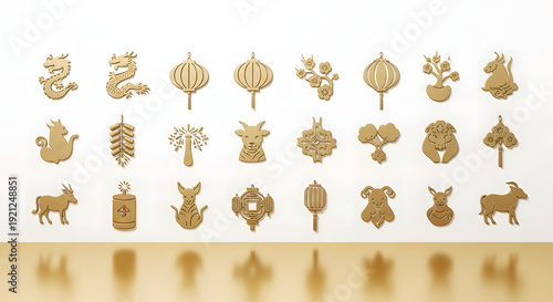 A collection of golden Chinese New Year ornaments and decorations symbolizing prosperity and good fortune