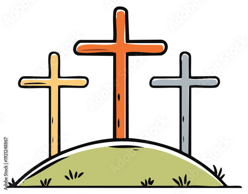 Illustration of three crosses on a hill against a white background, Easter symbol