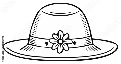 Hand drawn sketch of a wide brimmed sun hat adorned with a delicate flower and ribbon detail