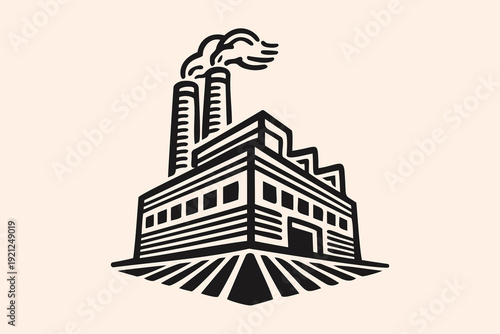 Vintage Industrial Factory Building Smoking Chimneys Outline Illustration