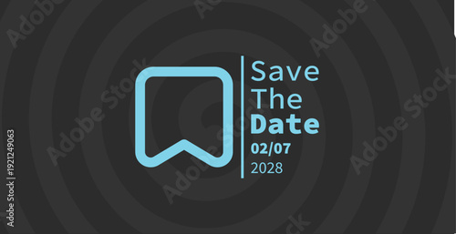 A modern "Save the Date" vector graphic featuring a bold bookmark icon and minimalist typography set against a dynamic abstract background