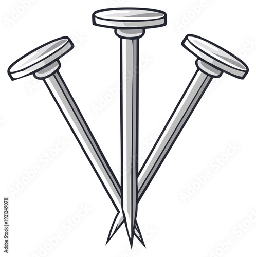 Three metal nails with flat heads arranged in a V-shape, illustration