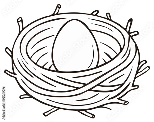 Simple illustration of a bird's nest holding a single egg ready for hatching in a simple line art style