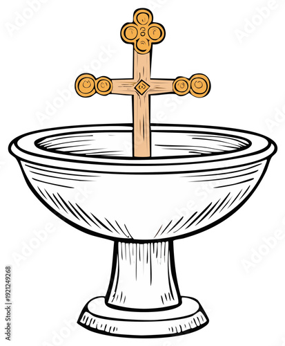 Christian baptismal font with an ornate wooden cross for a christening ceremony illustration