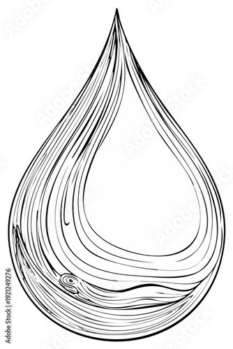 Stylized black and white ink drawing of a single teardrop shape with flowing lines