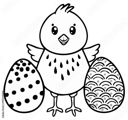 Black and white illustration of Easter chick and decorated eggs for coloring