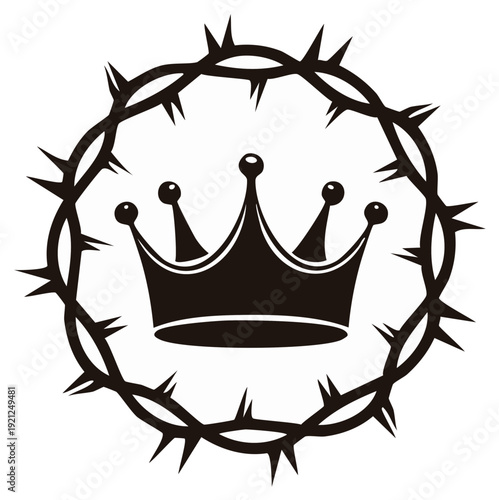 Crown surrounded by thorny wreath, vector illustration of royalty and sacrifice symbol.