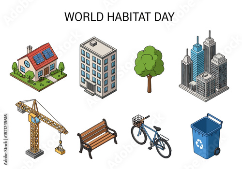 Illustration depicting World Habitat Day with symbols of urban and rural living, construction, and sustainability