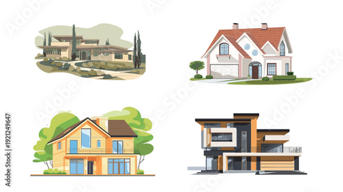 Emerging trends in custom home building vector illustration, modern residential architecture concept with 3D house model, blueprint, and construction elements
