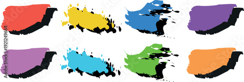 Colorful Dirty Artistic Elements Set with Ink Brush Strokes, Paintbrush Textures, Grunge Splatter, and Distressed Stains for Creative Design