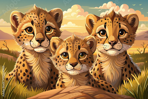 Three adorable cheetah cubs gazing directly at camera basking in warm sunlight natural savanna habitat tender wildlife portrait