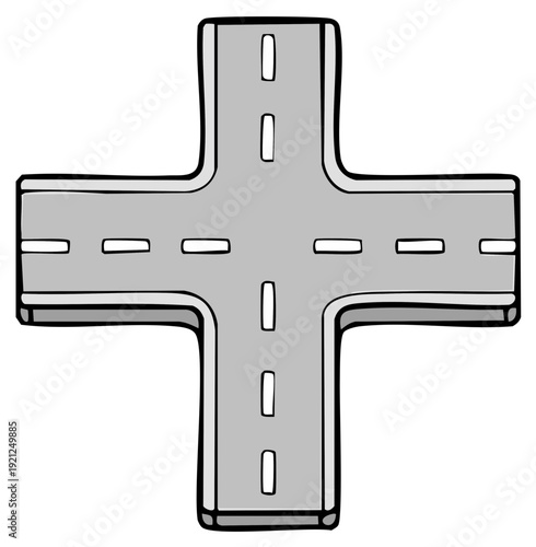 Cartoon intersection crossroad symbol with dashed lane lines and gray asphalt texture