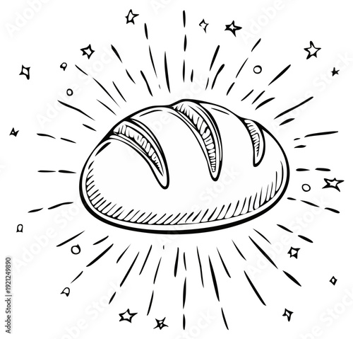 Artistic illustration of bread loaf with a burst of rays and stars in black and white.