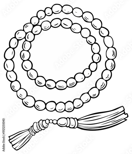 Islamic prayer beads or rosary illustrated in a hand drawn black and white line art style with a decorative tassel