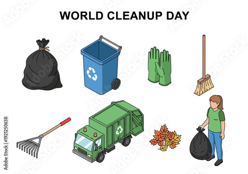 World Cleanup Day icons illustration of a garbage truck, recycling bin, trash bags, gloves, rake, broom, and autumn leaves
