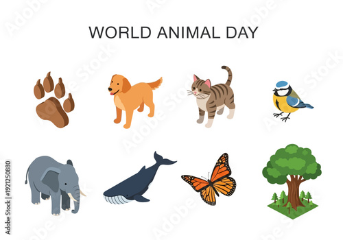 Happy World Animal Day illustrations showcasing diversity of life on Earth with animal paw print, dog, cat, bird, elephant, whale, butterfly and tree