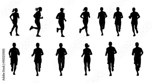 running people silhouettes male and female runners in athletic poses illustrating fitness sport and healthy active lifestyle concepts.