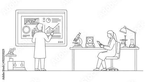 scientists analyzing research data on a large screen and performing experiments in a modern laboratory highlighting scientific discovery.