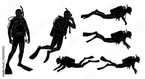 scuba divers silhouettes standing and swimming illustrating underwater adventure recreational diving and active water sports.