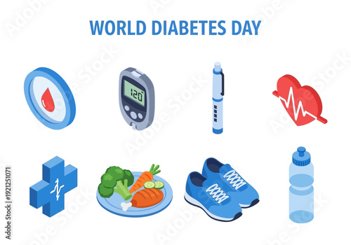 World Diabetes Day Icons representing health, awareness, and lifestyle choices for a balanced life