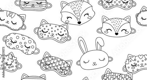 seamless pattern of cute animal sleep masks sleeping foxes bunnies and cats for childrens fabric wallpaper and graphics.