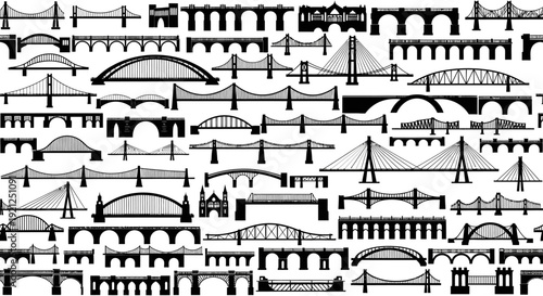 seamless pattern of diverse bridge silhouettes illustrating architectural forms structural engineering and infrastructure design concepts.
