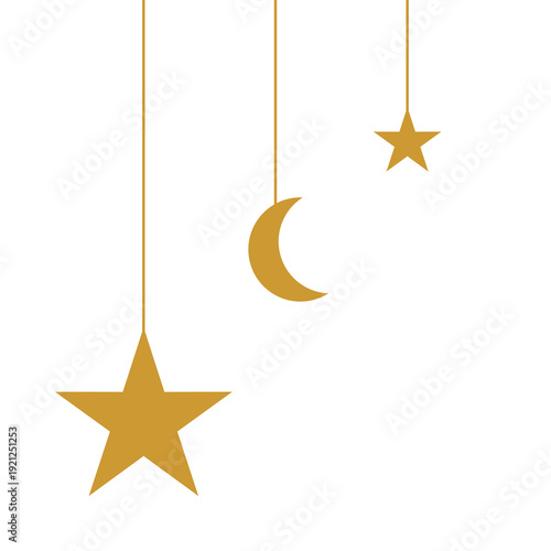 Golden Islamic Star and Crescent Moon Border Flat Design Ramadan and Eid Mubarak Frame.