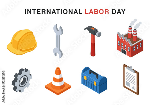 Collection of isometric icons representing International Labor Day, including tools, safety equipment, and industrial elements