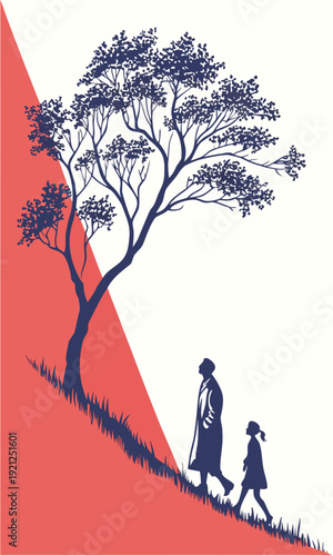 Grandmother and granddaughter walking uphill under a tree.