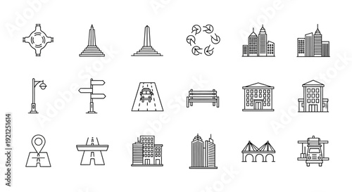 A collection of monochromatic line art icons representing various architectural landmarks and structures from around the world displayed in a grid layout.
