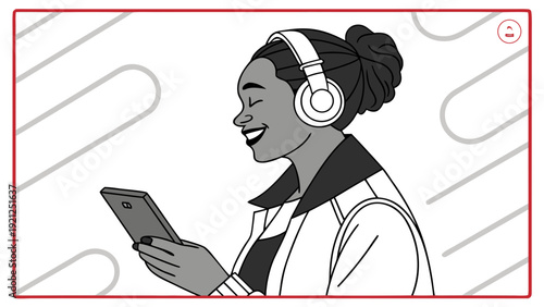 Happy woman enjoying music on her phone with headphones.