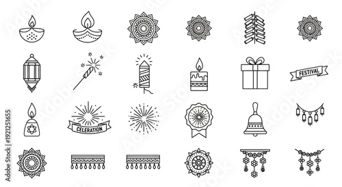 A collection of twenty-one black line icons representing various festival elements arranged on a plain white background
