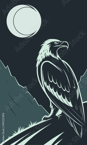Majestic Eagle Perched on Mountain Under Crescent Moon.