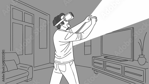 Man wearing VR headset in living room interacting with virtual reality.