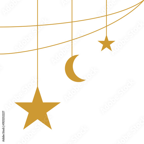 Golden Islamic Star and Crescent Moon Border Flat Design Ramadan and Eid Mubarak Frame.