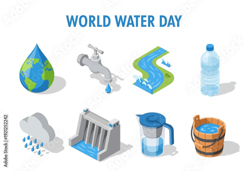 World Water Day illustrations icons representing water conservation, rain, rivers, taps, dams, and bottles